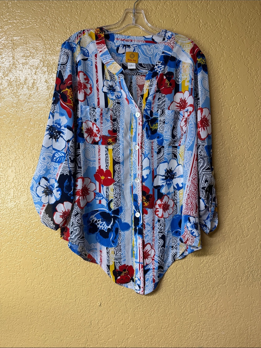 Ruby Rd. Blue, Red & White Paisley Button-Up Top